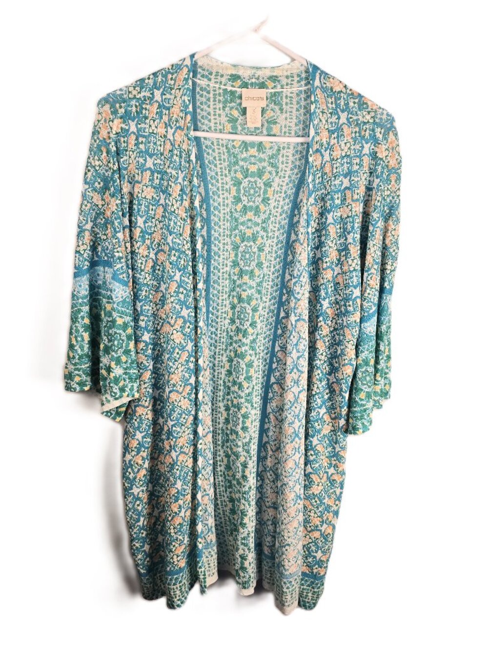 Chico’s Cardigan Size 3 Blue Green Abstract Open Front Lightweight Half Sleeves
